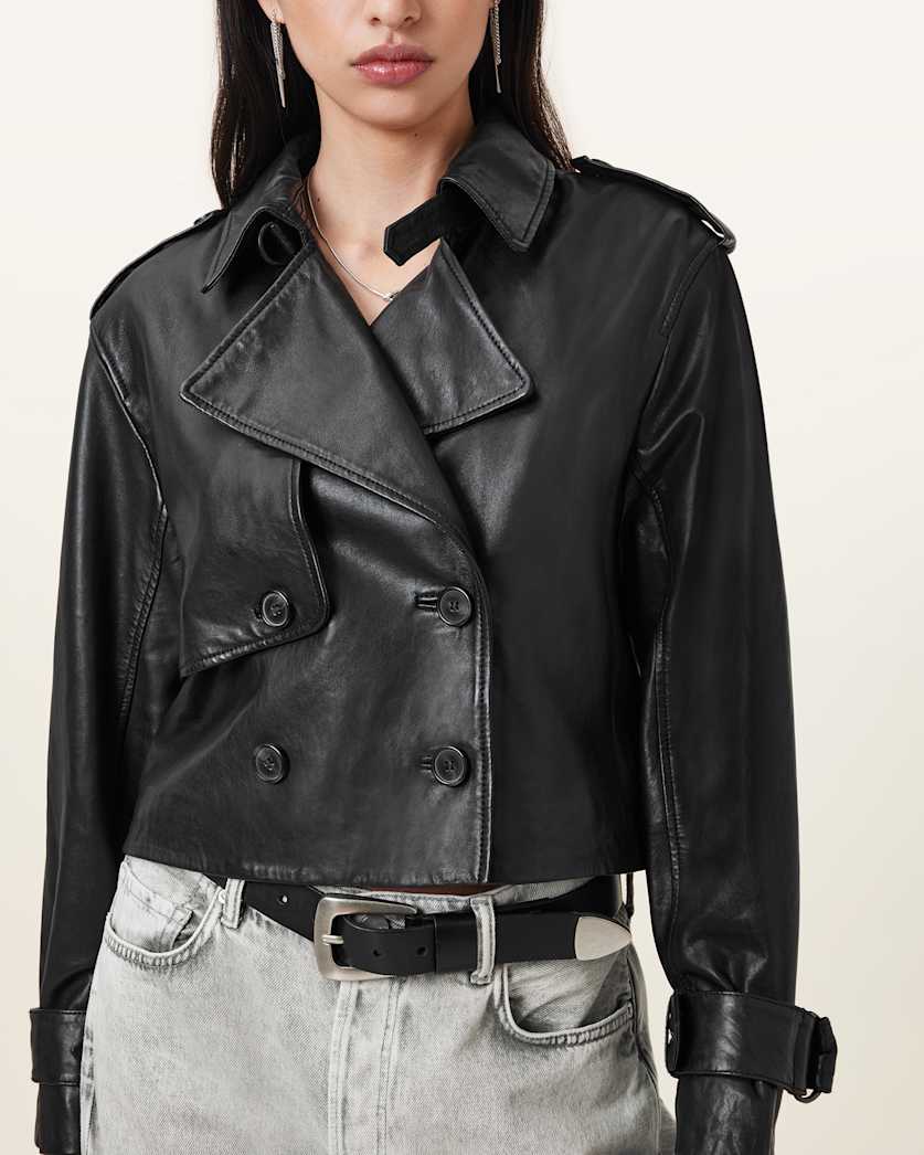Hendry Cropped Leather Trench Coat Black | ALLSAINTS